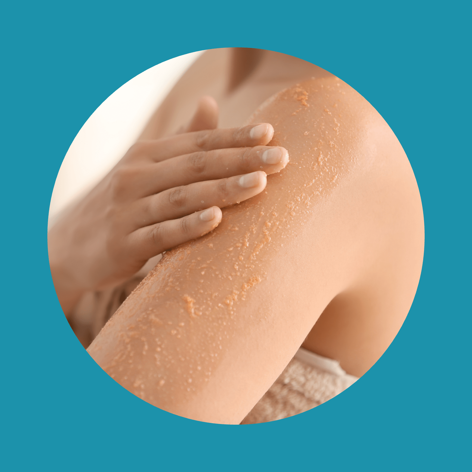 Beautiful young woman applying body scrub at home, closeup