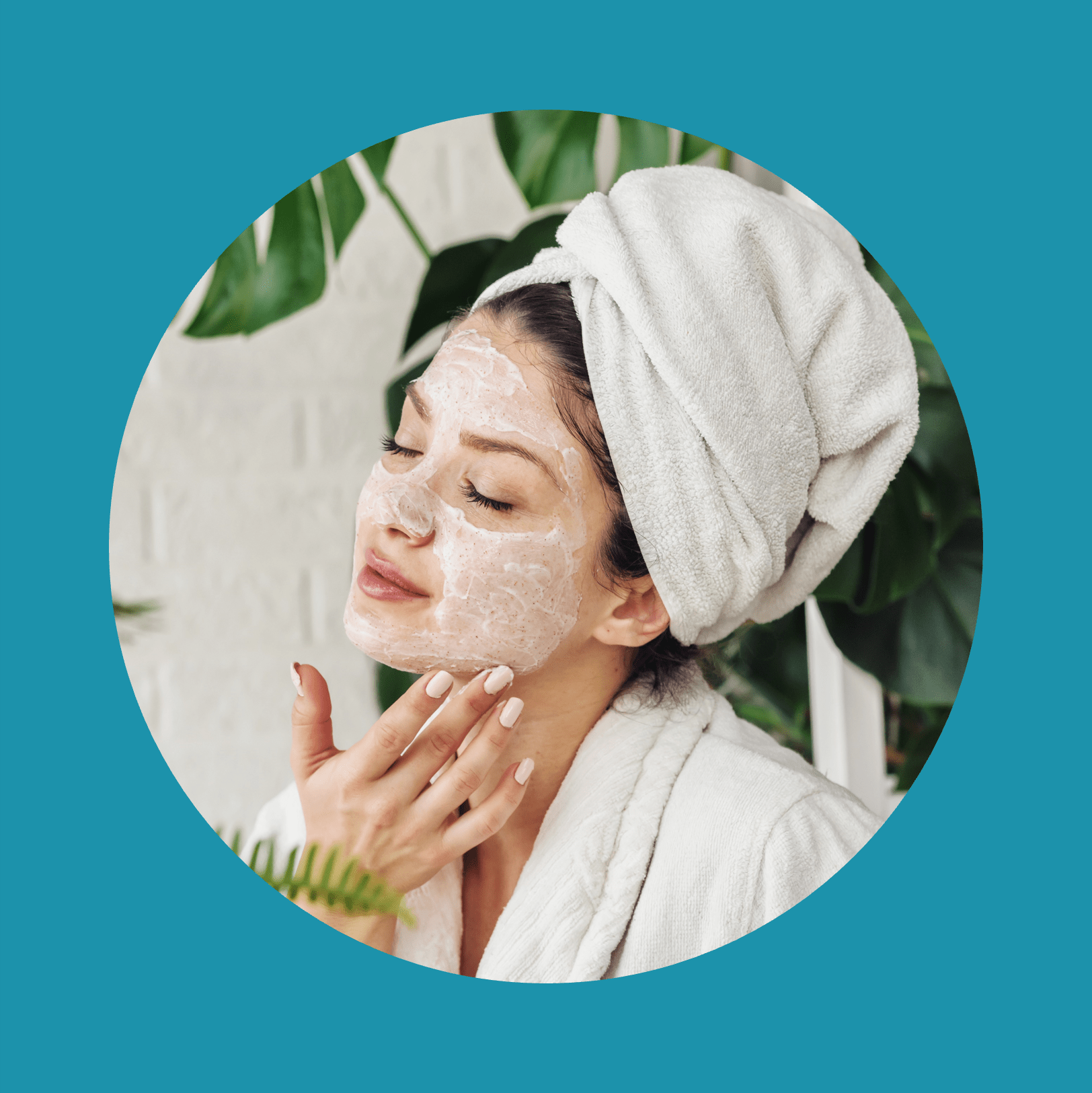 Young woman applying face mask at home. Natural Skin Care Routine. Cleaning face with natural cosmetics.