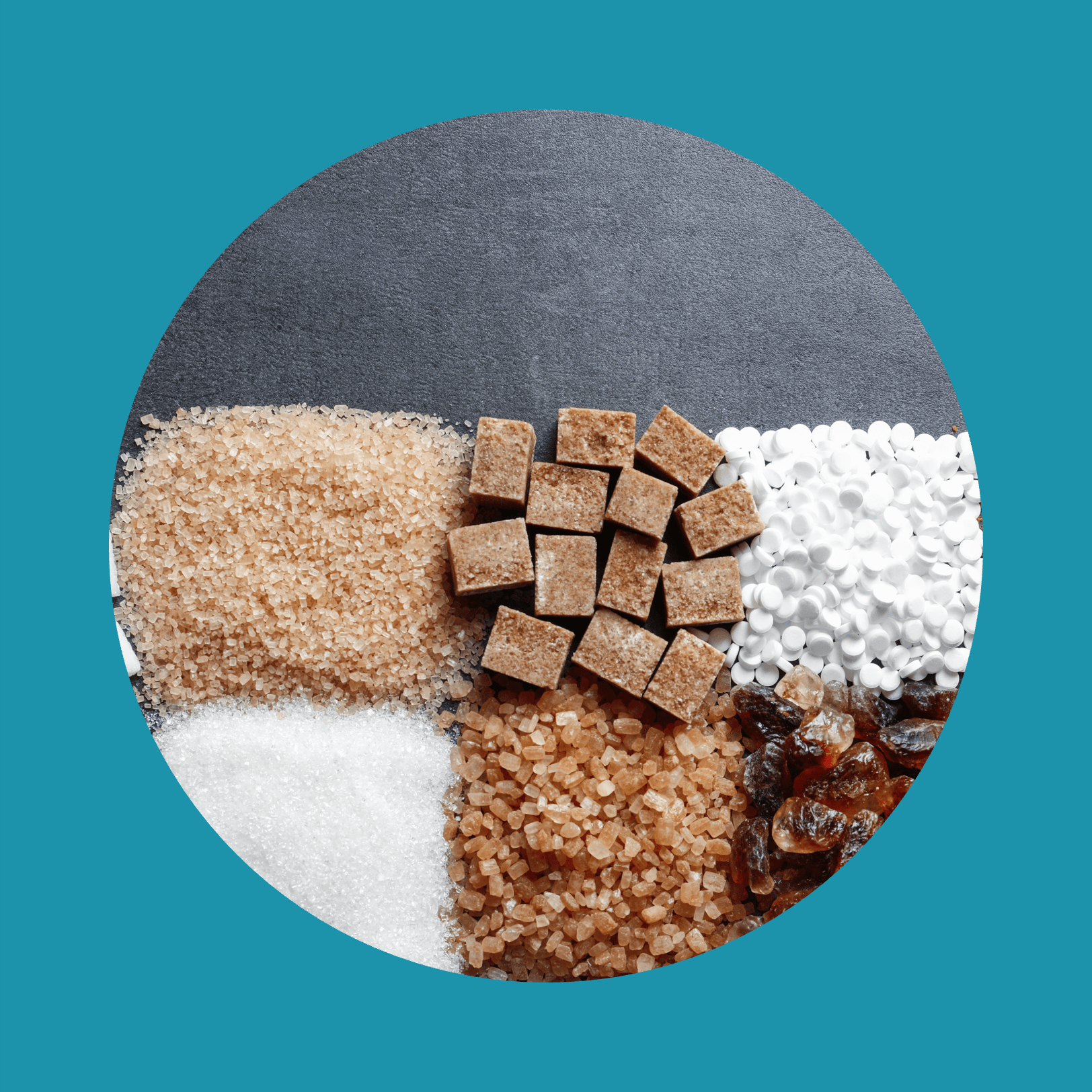 Flat lay composition with different types of sugar on gray background